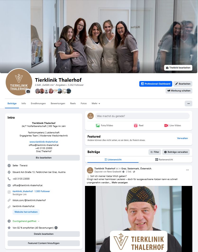 Übersicht von Facebook Social Media Marketing der Tierklinik Thalerhof